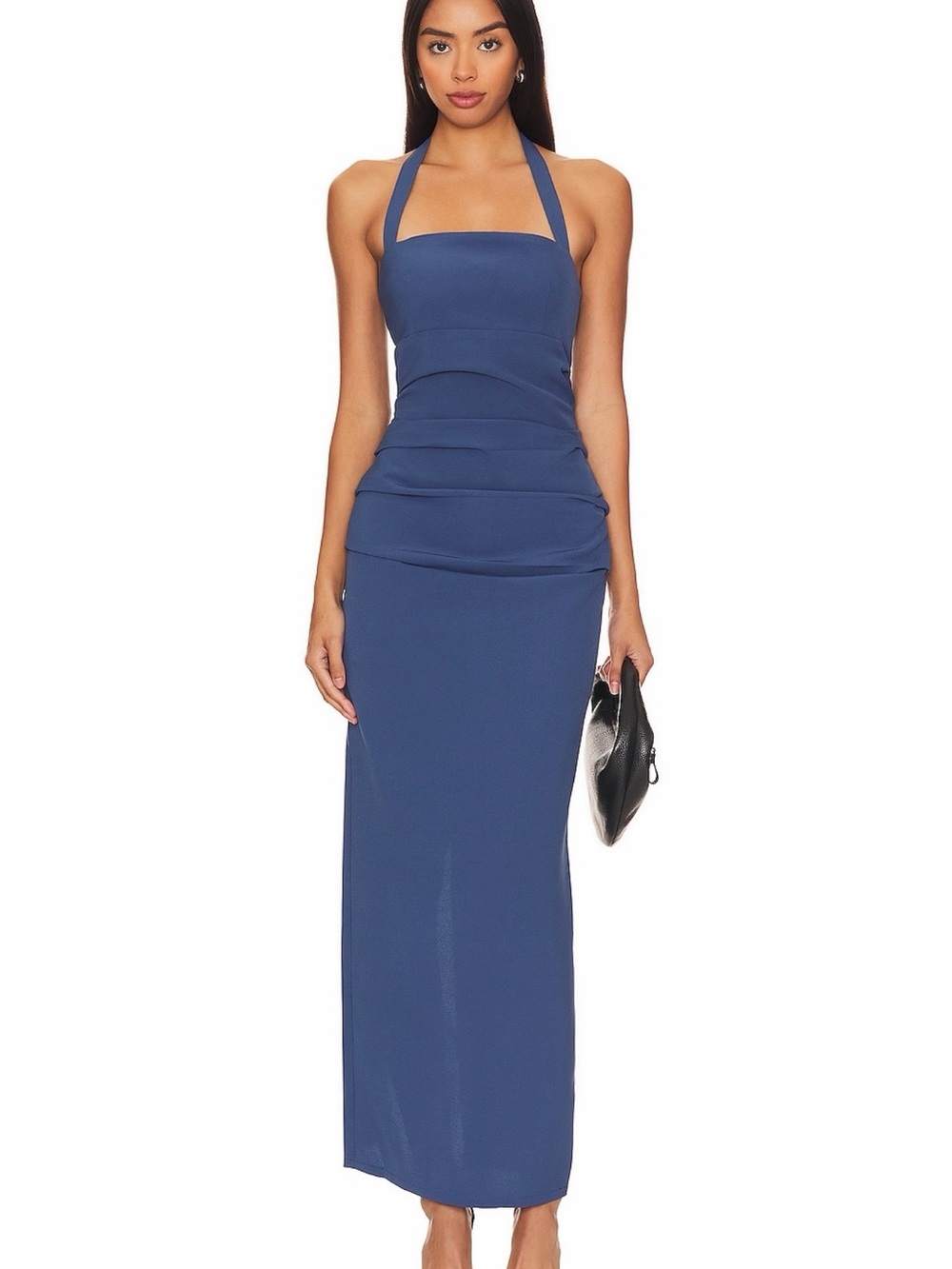 Blue Halter Neck Ruched Maxi Dress